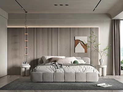 Modern Bedroom Interior With Plush Bed Wooden Wall And Pendant Light Rug 3d model