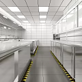 Professional Commercial Kitchen With Stainless Steel Appliances And Tiled Walls