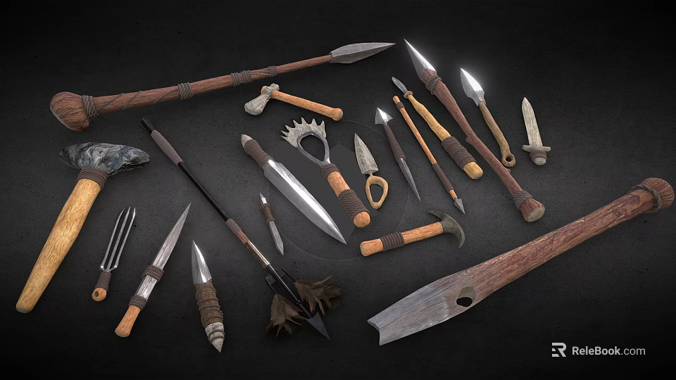 Various Handcrafted Weapons Collection With Spears Axes Knives Metal Blades And Wooden Handles 3d model 