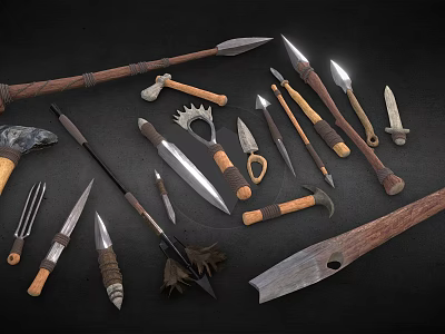 Various Handcrafted Weapons Collection With Spears Axes Knives Metal Blades And Wooden Handles 3d model