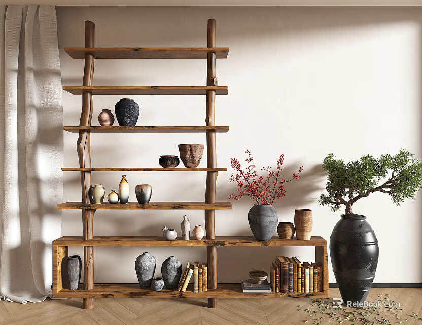 Decorative Ornament Combination On Multi Tiered Wooden Shelf With Vases Clay Pots And Green Plant 3d model 