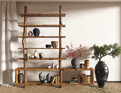 Decorative Ornament Combination On Multi Tiered Wooden Shelf With Vases Clay Pots And Green Plant 3d model