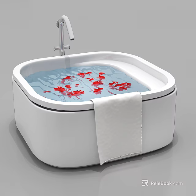 Modern White Bathtub With Chrome Faucet Clear Water Red Petals And Hanging Towel 3d model 