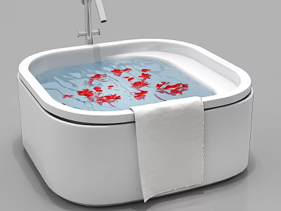 Modern White Bathtub With Chrome Faucet Clear Water Red Petals And Hanging Towel 3d model