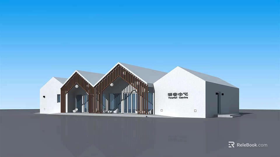Modern Tourist Center Exterior Design With White Facade Wooden Accents And Triangular Roof 3d model 