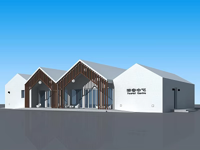 Modern Tourist Center Exterior Design With White Facade Wooden Accents And Triangular Roof 3d model