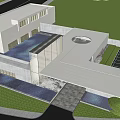 Modern Sales Office Building With Circular Skylight Stone Wall And Open Outdoor Space