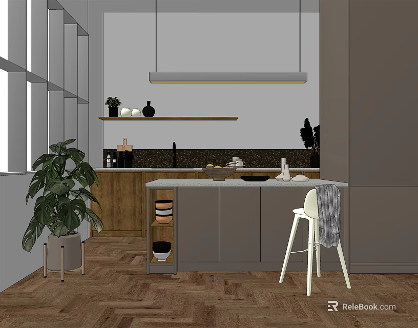 Modern Kitchen With Gray Cabinets Wooden Island Potted Plant And Hanging Light 3d model 