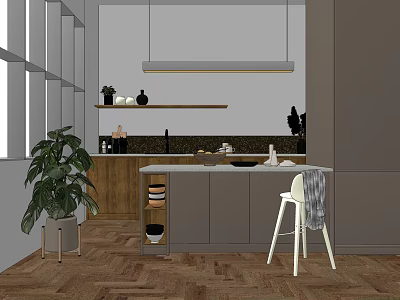 Modern Kitchen With Gray Cabinets Wooden Island Potted Plant And Hanging Light 3d model