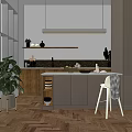 Modern Kitchen With Gray Cabinets Wooden Island Potted Plant And Hanging Light