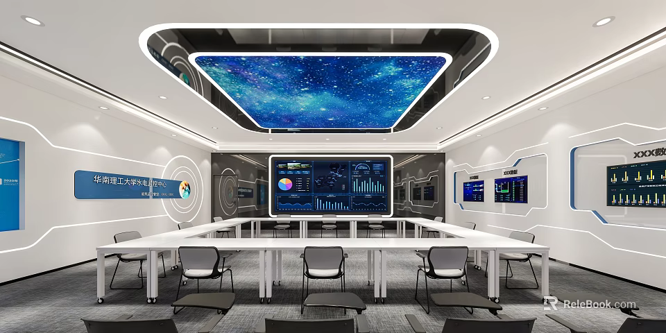 Modern Monitoring Room Interior With Large Screen Data Charts Control Console And Chairs 3d model 