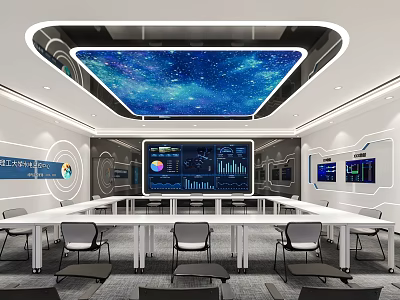 Modern Monitoring Room Interior With Large Screen Data Charts Control Console And Chairs 3d model