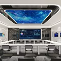 Modern Monitoring Room Interior With Large Screen Data Charts Control Console And Chairs
