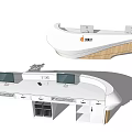 Modern Reception Desk With White Curved Design And Wooden Base Plus Pink Flowers