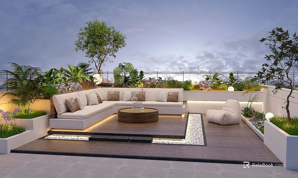 Modern Rooftop Garden Terrace With Sofa Coffee Table Plants And Lighting Design 3d model 