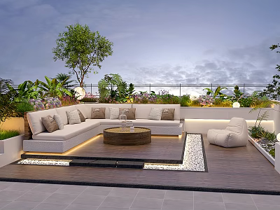 Modern Rooftop Garden Terrace With Sofa Coffee Table Plants And Lighting Design 3d model