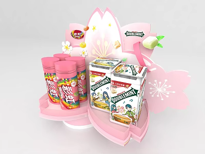 Pink Cherry Blossom Themed Display Shelf with Snack Cans and Boxed Products 3d model