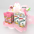 Pink Cherry Blossom Themed Display Shelf with Snack Cans and Boxed Products