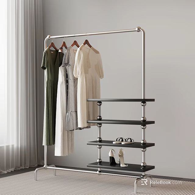 Modern Stainless Steel Clothes Rack with Hanging Bar and Shelves for Clothes and Shoes 3d model 