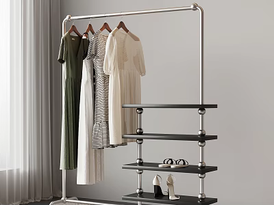 Modern Stainless Steel Clothes Rack with Hanging Bar and Shelves for Clothes and Shoes 3d model