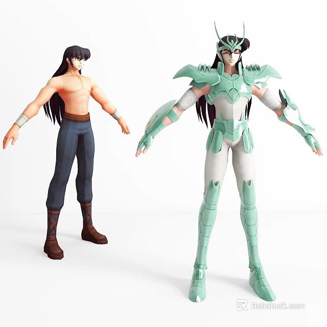 Game Movie Characters With Long Hair Unarmored Blue Pants And Armored Green Armor 3d model 