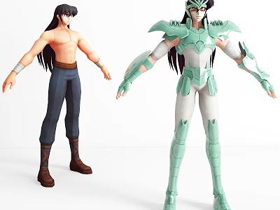 Game Movie Characters With Long Hair Unarmored Blue Pants And Armored Green Armor 3d model