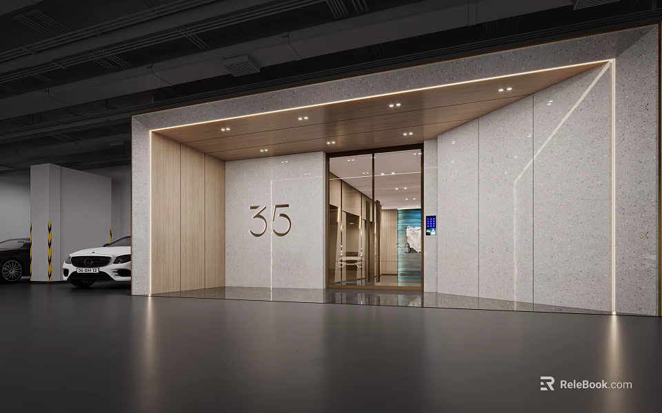 Modern Parking Garage Entrance With Number 35 Glass Doors White Walls And Wooden Accents 3d model 