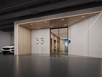 Modern Parking Garage Entrance With Number 35 Glass Doors White Walls And Wooden Accents 3d model
