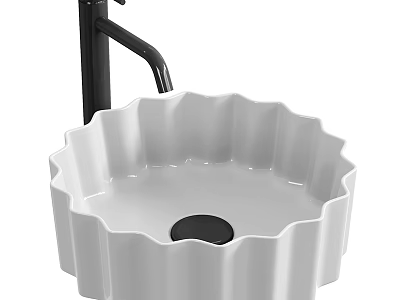 White Petal Shaped Washbasin with Black Faucet and Smooth Interior Design 3d model
