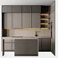 Modern Gray Kitchen Cabinets With Island Counter And LED Strip Lighting Design