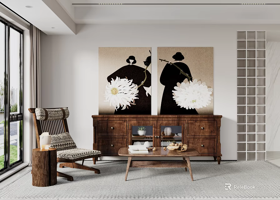 Wooden Sideboard in Living Room with Wall Art Large Flowers Figures Armchair Coffee Table Window 3d model 