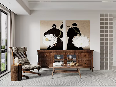 Wooden Sideboard in Living Room with Wall Art Large Flowers Figures Armchair Coffee Table Window 3d model