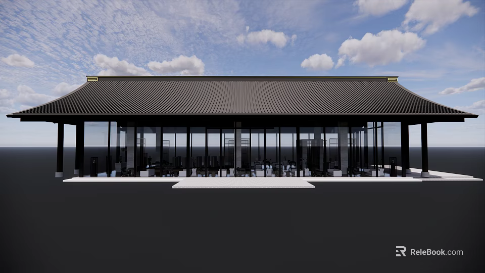 Traditional Roof Modern Sales Office Building With Glass Curtain Wall Exterior Design 3d model 