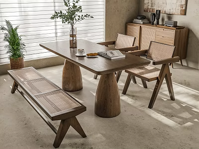 Natural Minimalist Dining Table Set With Wooden Tapered Legs Woven Chairs And Bench Indoor Plants 3d model
