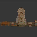 Ornate Stone Fountain With Arch Design Carvings And Surrounding Stone Basins And Bench