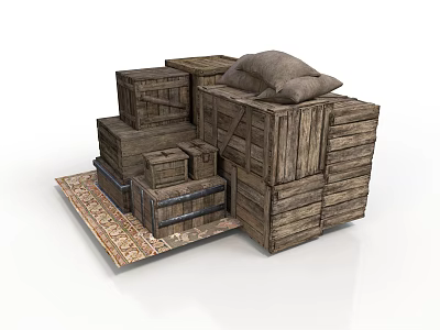 Vintage Wooden Crate Furniture Stacked With Burlap Sack On Decorative Rug 3d model