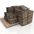 Vintage Wooden Crate Furniture Stacked With Burlap Sack On Decorative Rug