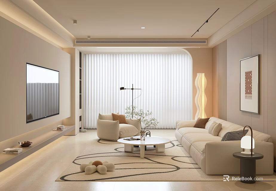 Modern Living Room Interior With Sofa TV Coffee Table Window Rug And Decorative Lamp 3d model 