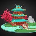 Traditional Chinese Tower With Green Roof Red Columns Cherry Blossom Trees And Stone Bridge