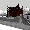Ancient Chinese Architecture with Upturned Eaves Red Door White Walls Green Trees and Blue Sky
