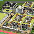 Aerial View Planning of Modern Building Complex with Central Entrance Green Spaces and Road Layout
