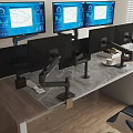 Ergonomic Multi Monitor Workstation With Marble Desktop Wooden Legs Black Office Chair And Natural Light