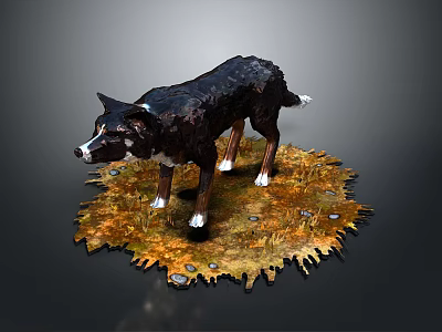 Realistic Dog Sculpture Standing On Ground With Dry Leaves Small Stones And Dark Background 3d model