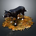 Realistic Dog Sculpture Standing On Ground With Dry Leaves Small Stones And Dark Background