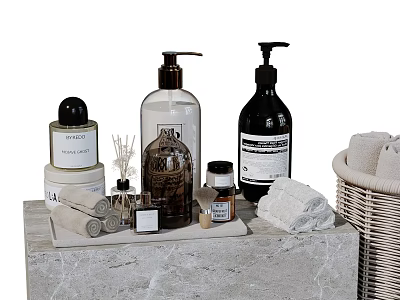 Bathroom Set with Liquid Soap Bottles Aromatherapy Sticks Towels Woven Basket and Marble Countertop 3d model