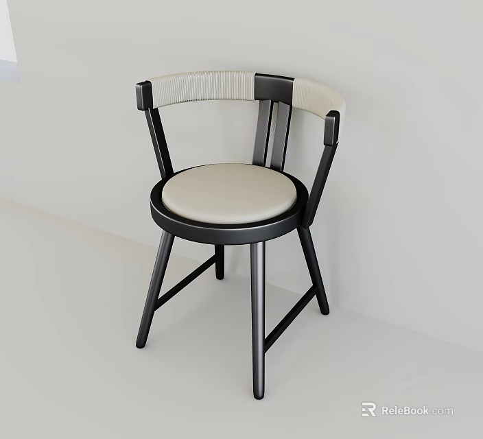 Modern Minimalist Single Chair With Black Wooden Frame Beige Cushioned Seat And Woven Backrest Design 3d model 
