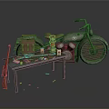 Vintage Green Motorcycle With Brown Seat And Wooden Table With Oil Lamp Tools
