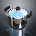 Stainless Steel Cooking Pot With Black Handles And Fitted Lid For Kitchen Use