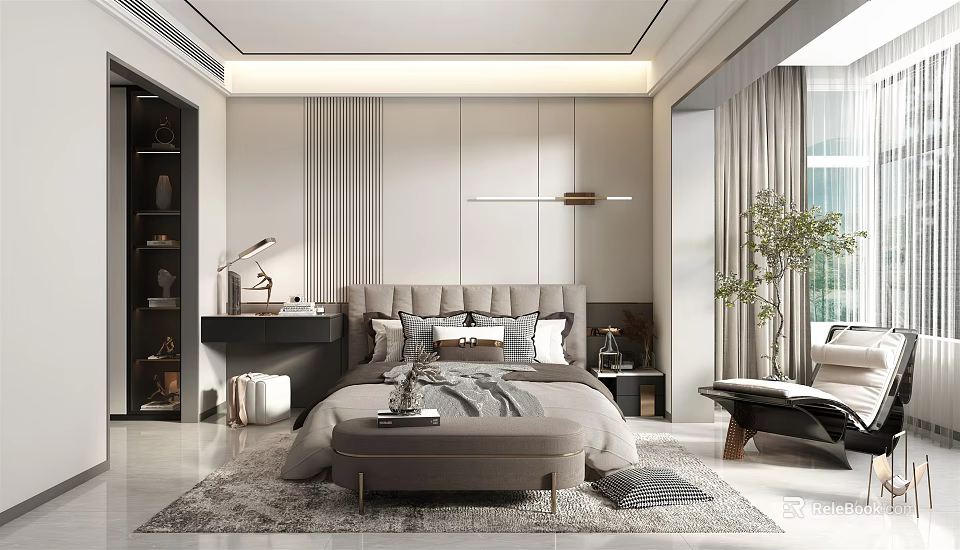 Elegant Modern Bedroom Interior Design With Upholstered Headboard Area Rug And Linear Pendant Light 3d model 