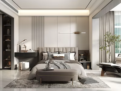 Elegant Modern Bedroom Interior Design With Upholstered Headboard Area Rug And Linear Pendant Light 3d model